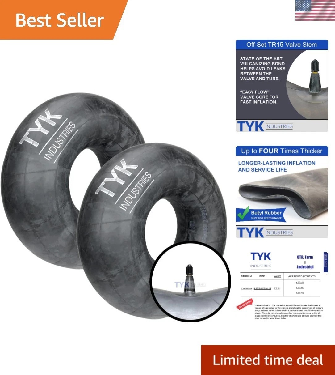 Two 4.00-15, 5.00-15, 5.90-15 Heavy-Duty Tractor Inner Tubes with TR15 Valves