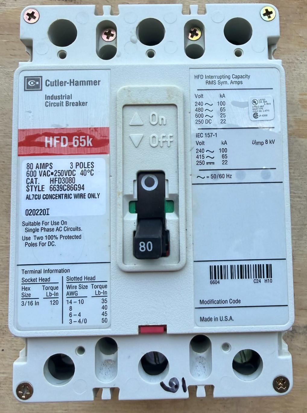 EATON CUTLER HAMMER HFD3080 80 AMP CIRCUIT BREAKER 3 POLE 600 VAC 65k PREOWNED