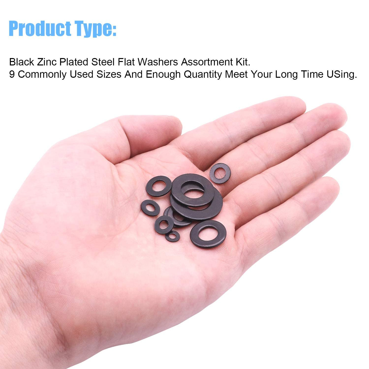 700 Pieces 9 Sizes Black Zinc Plated Steel Flat Washers Assortment Kit (M2 M2.5