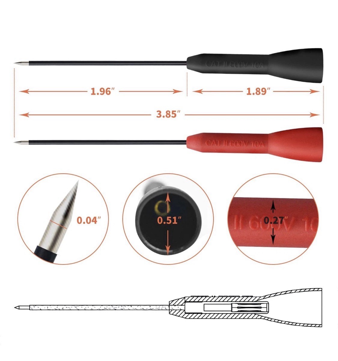 4 Pack 2mm Extended Needle Test Probes 600v/10a Nondestructive Multimeter Test P