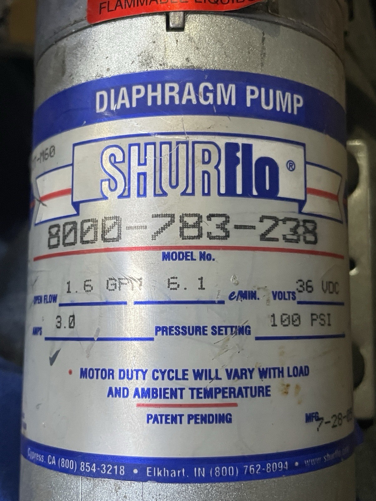 Shurflo Single Diaphragm Pump 36 VDC 1.6 GPM 100 PSI 3/8 in Poly