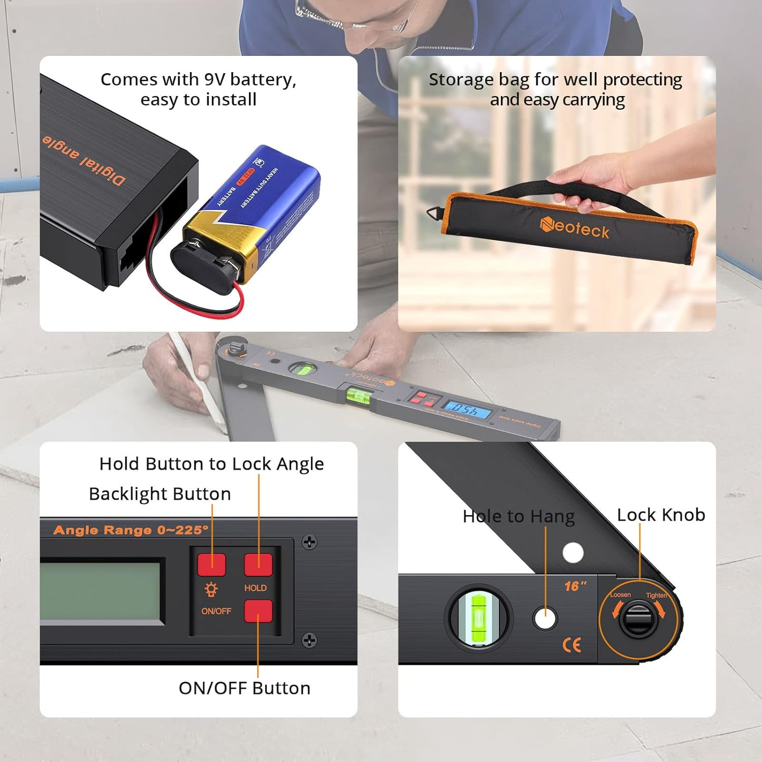Aluminum Digital Angle Finder Protractor 225° 16 Inch Backlit LCD Digital with H
