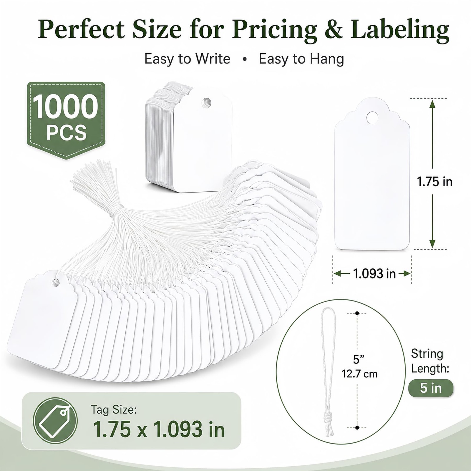 1000 Blank White Merchandise Price Tags with Strings Size #5 Retail Strung Labe
