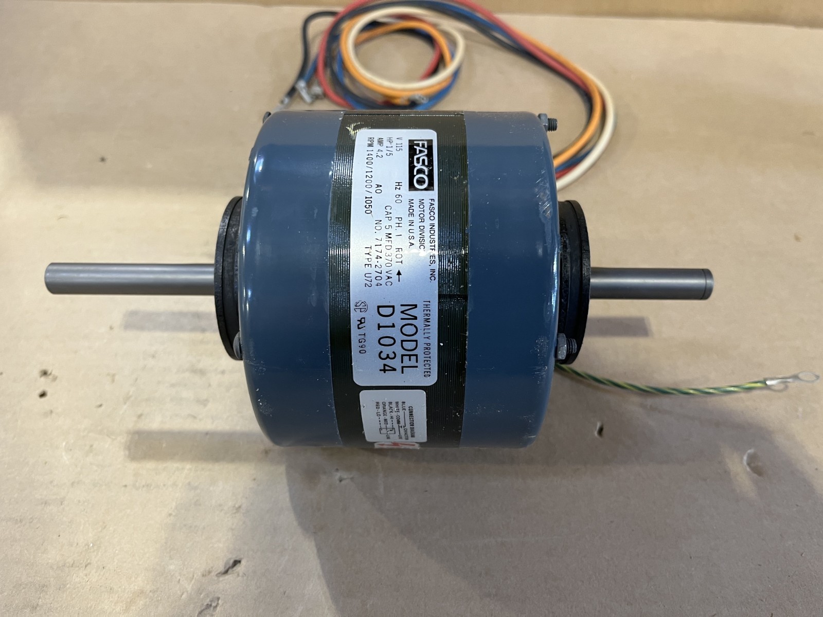 Fasco D1034 Permanent Split Capacitor Motor 1/5 HP 1400 1200 1000 RPM 115Volts