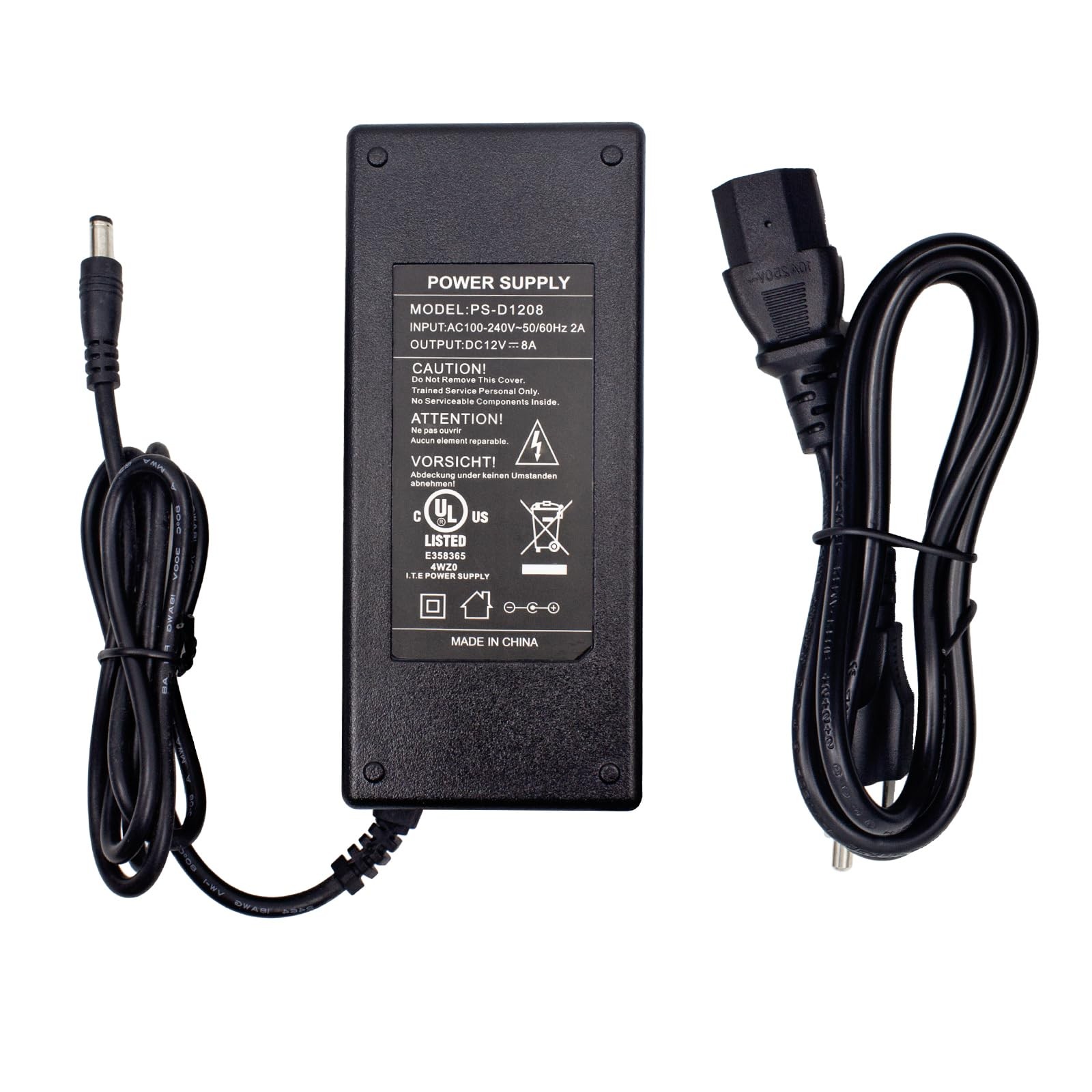 UL Listed 12V 8A Power Supply Adapter,96W AC100-240V to DC 12V 8A Transformer4ft