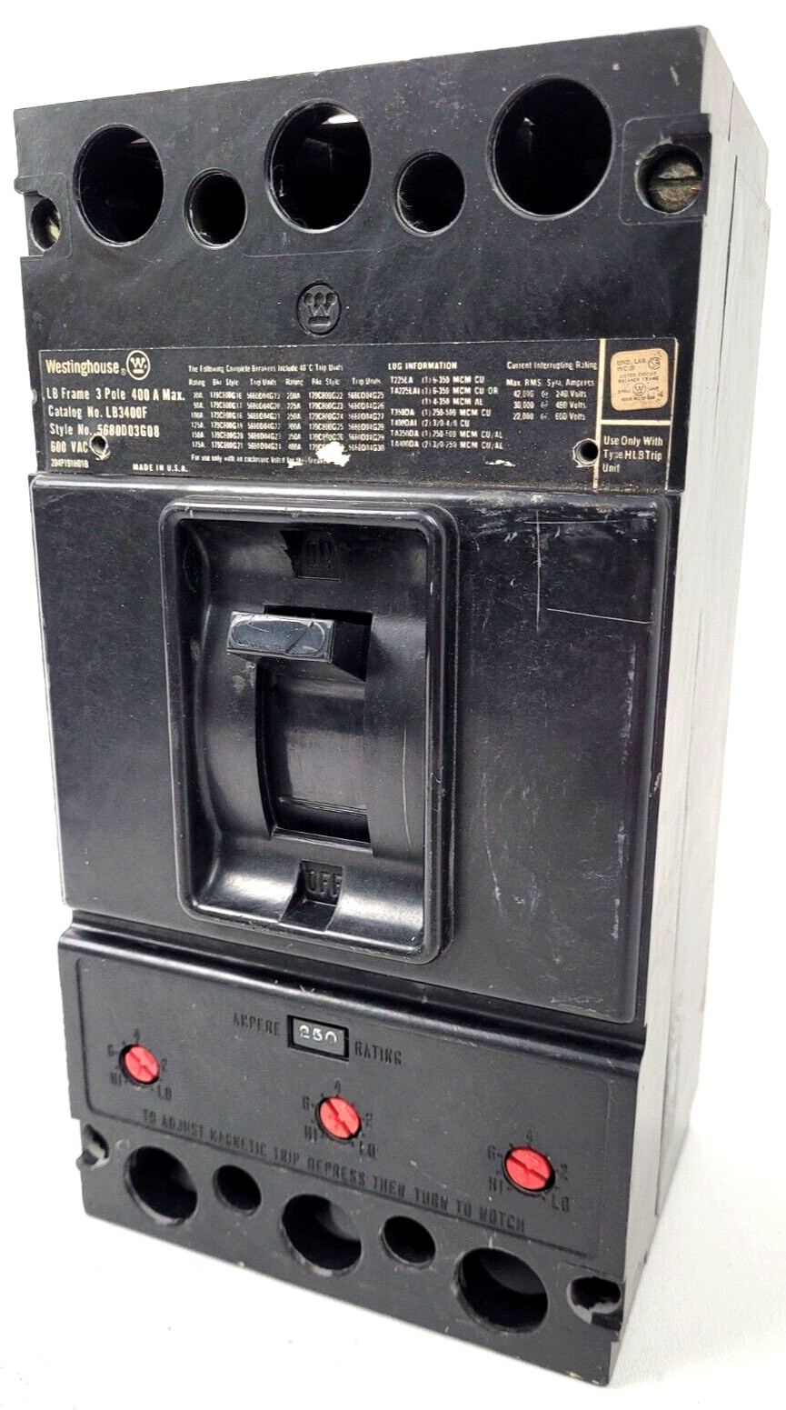 LB3250 Westinghouse 400A Frame Circuit Breaker w/ 250 Amp Trip – Next Day Option