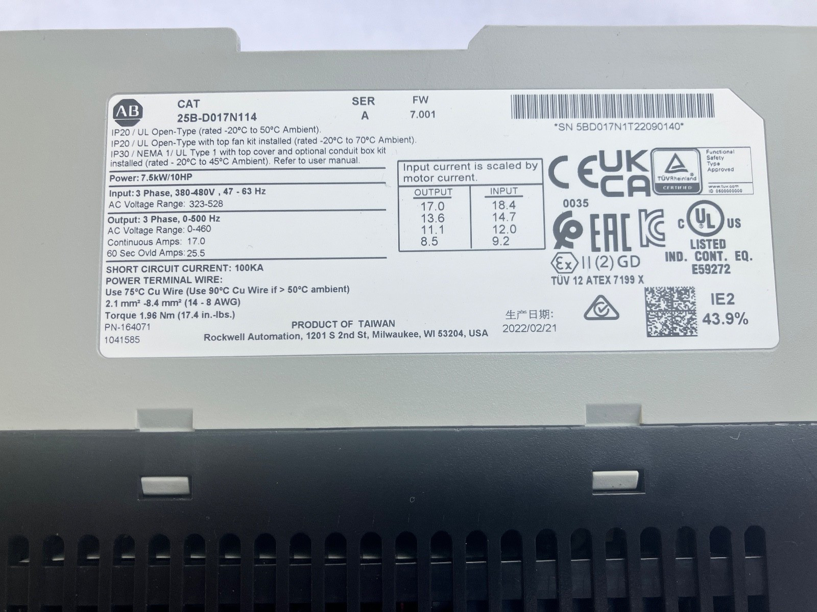 Allen Bradley PowerFlex 525, CAT: 25B-D017N114, 10HP, Used.