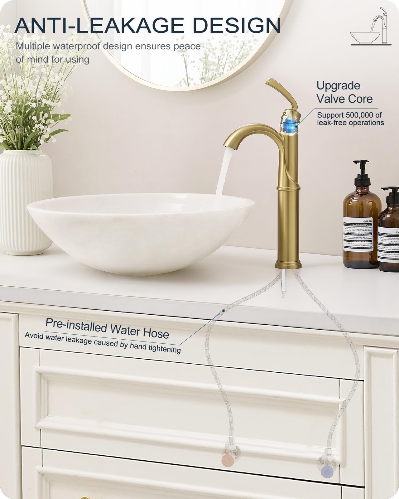 HOIGY HY-BF-16H-NG1 Gold Vessel Sink Faucet One Hole 1 Handle Arched Spout