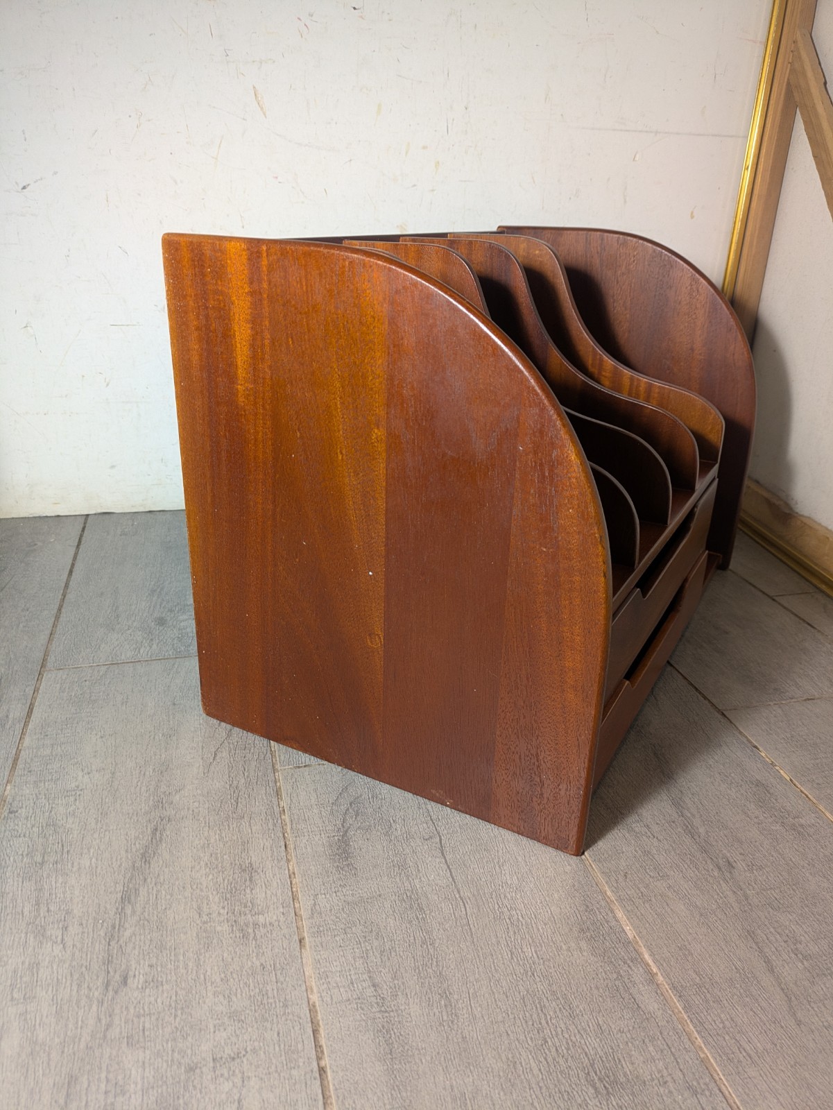 Vintage Mid Century Danish Modern Mahogany Wood Desk Organizer Mail Sorter H66