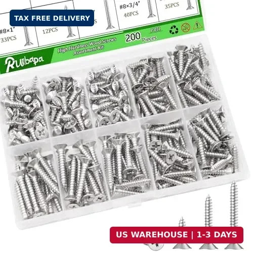 200PCS 304 Stainless Steel High Hardness Wood Screws Assortment Kit, 3 Sizes #8×