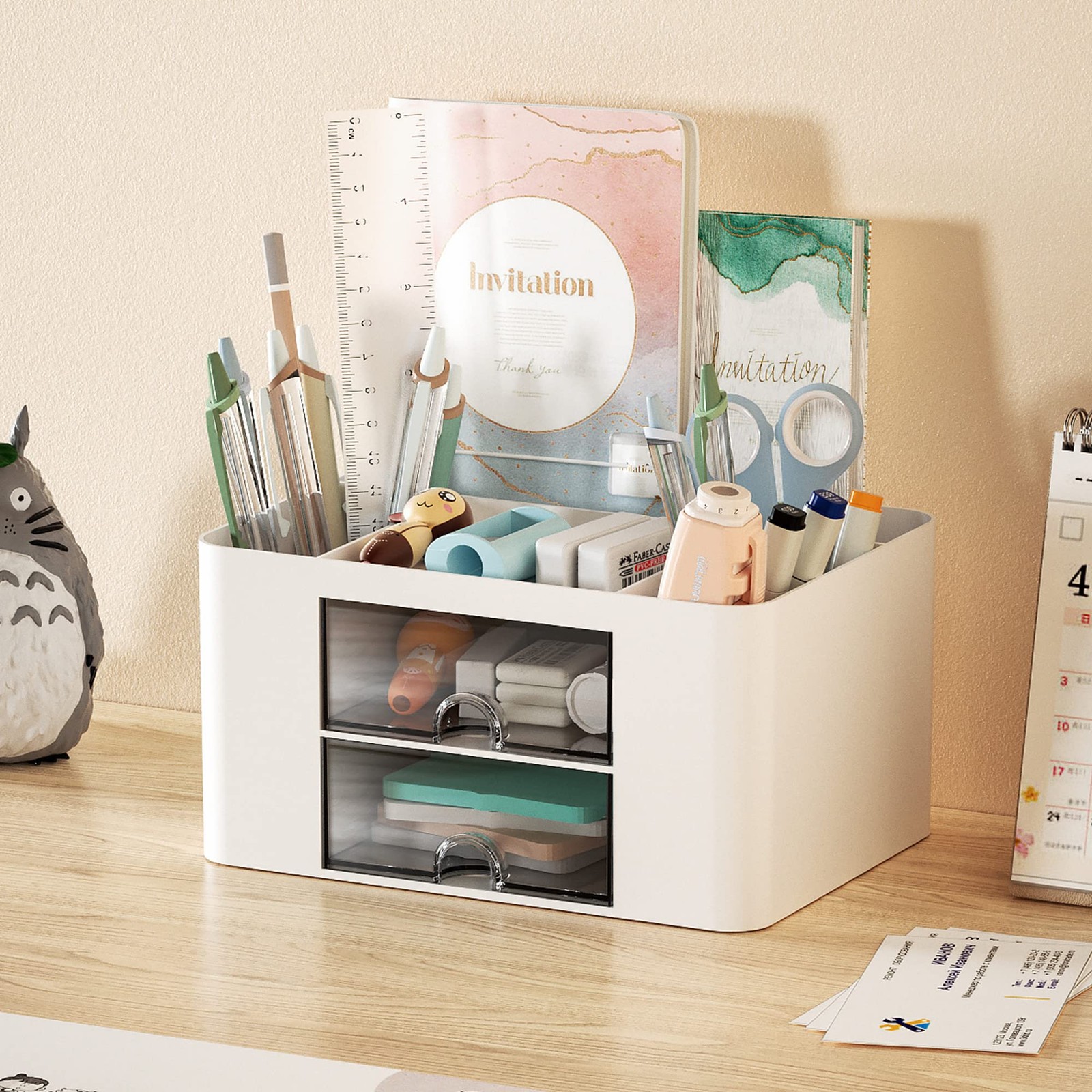 Marbrasse Pen Organizer with 2 Drawer, 7.4 x 5.5 x 3.9 Inch, White