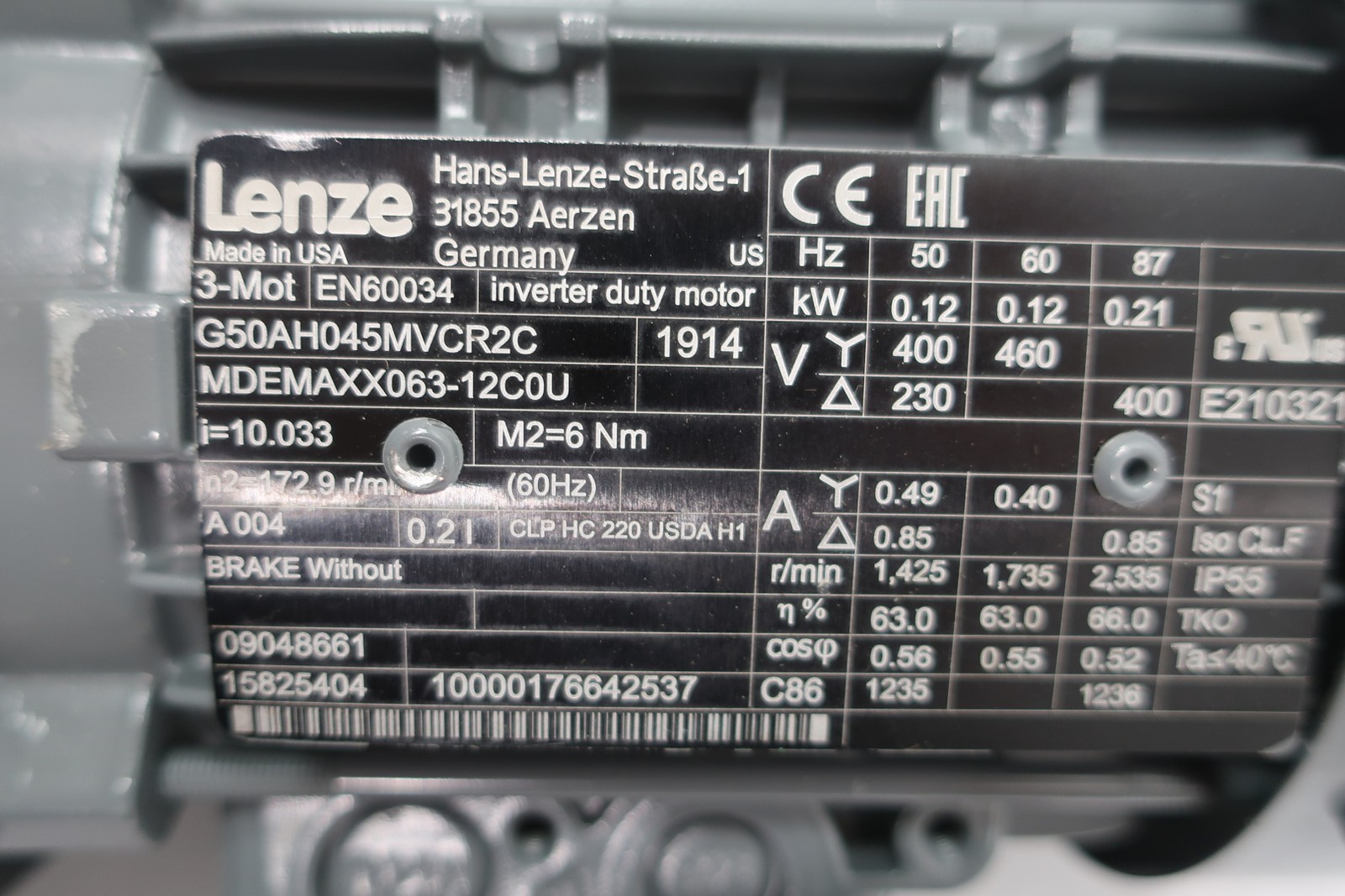 Lenze G50AH045MVCR2C Gearmotor 460v-ac 0.12kw 3ph 1.735rpm