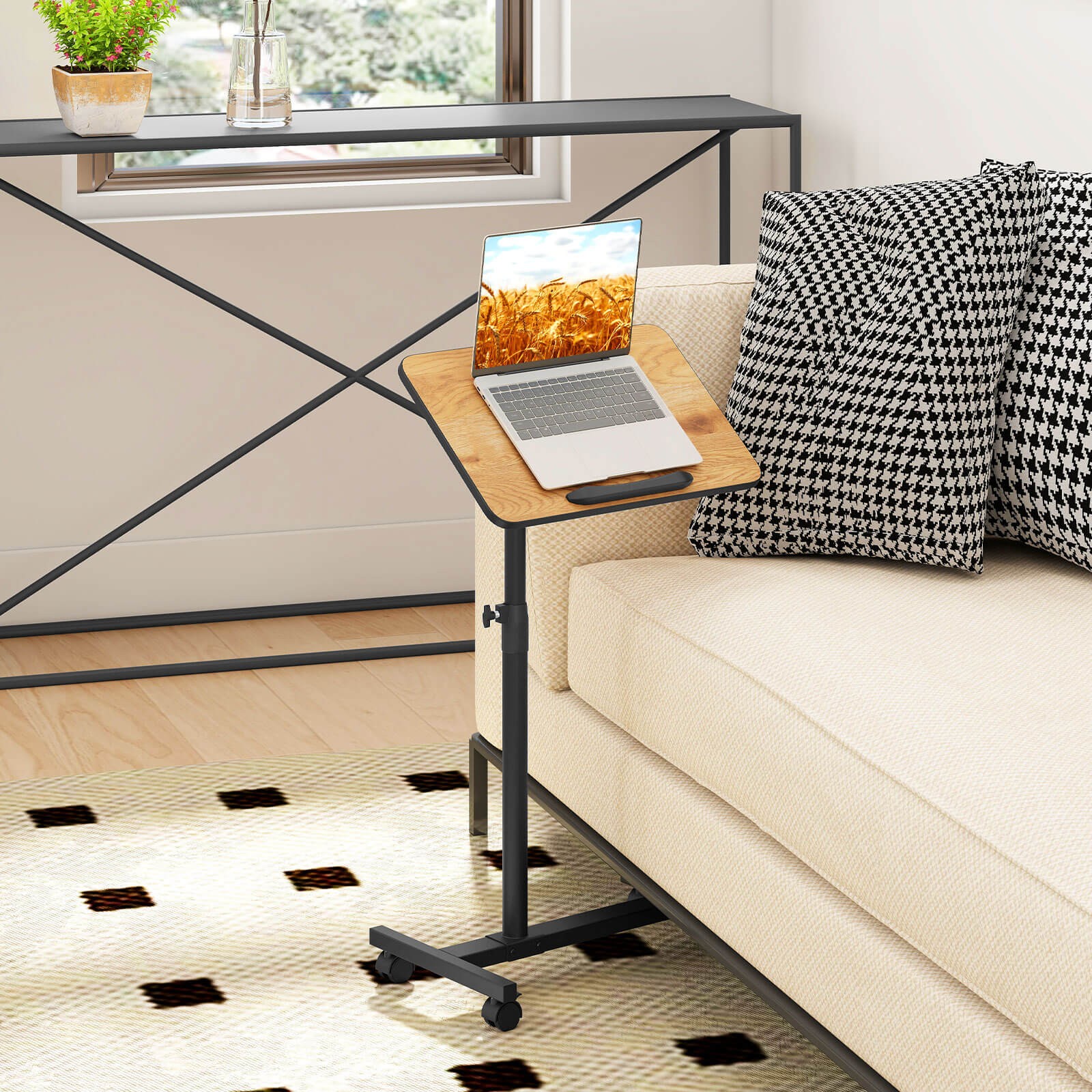 Costway Overbed Rolling Table Over Bed Laptop Food Tray Desk Tilting Top Natural