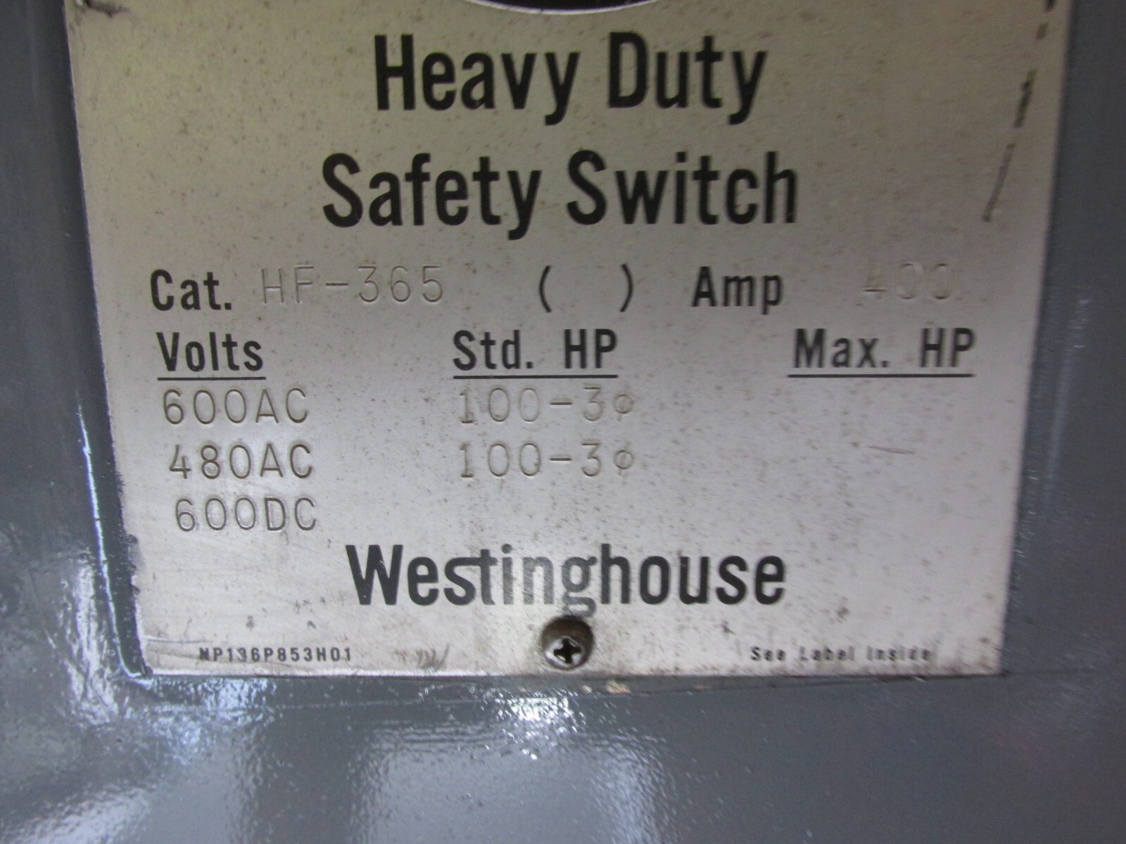 WESTINGHOUSE HEAVY DUTY SAFETY SWITCH HF-365 400 AMP 600 V AC (FUSIBLE)..PR-137