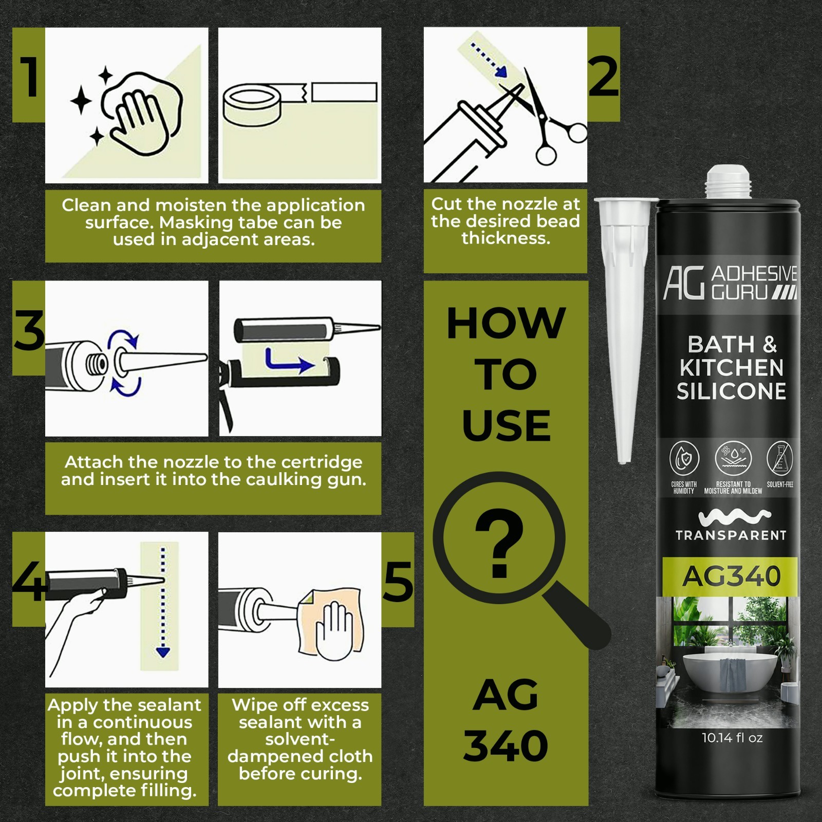 Adhesive Guru AG340 Clear Silicone Sealant (12×10.14 fl oz), 100% Silicone Caulk