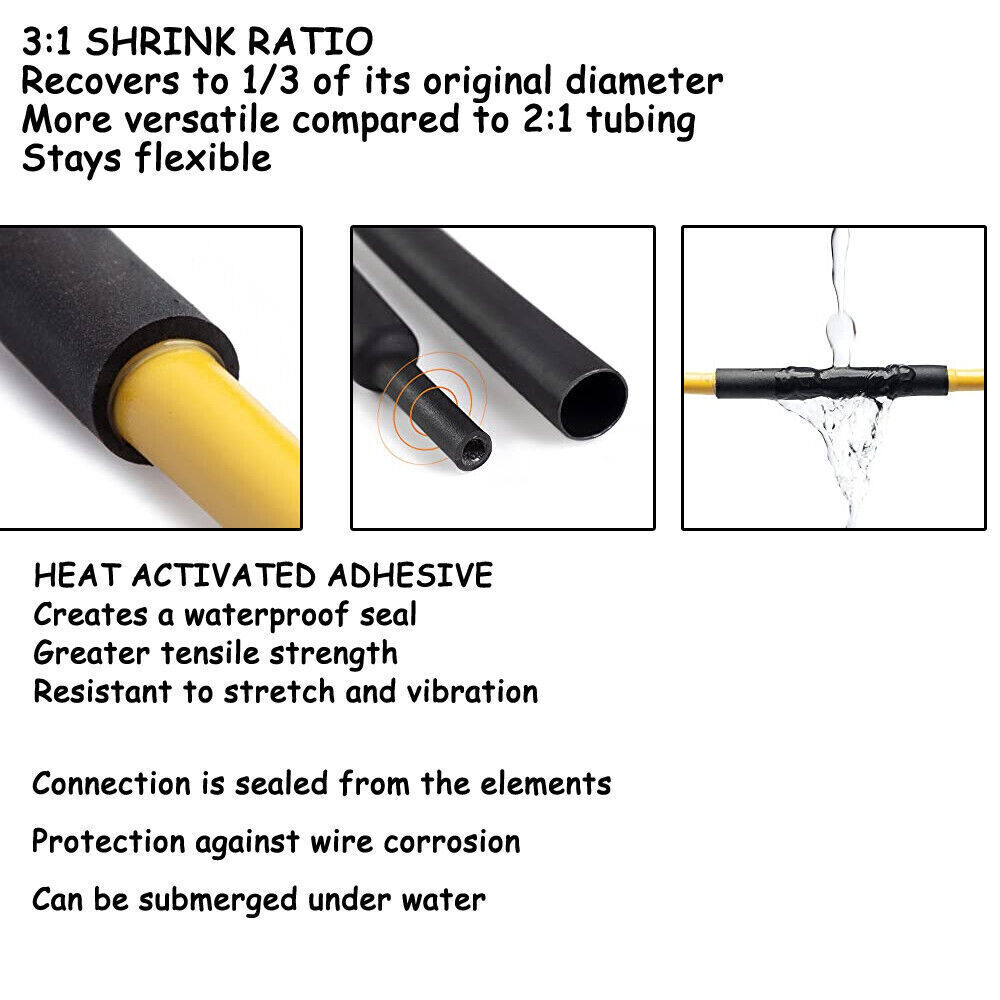 Black or Red 3:1 Heat Shrink Tubing Marine Grade Waterproof Glue Adhesive Lined