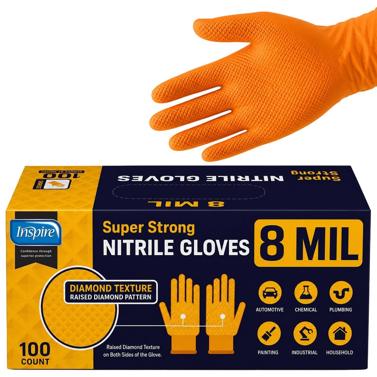 Heavy Duty Orange Nitrile Gloves | 8 Mil Diamond Textured Grip | Industrial Clea