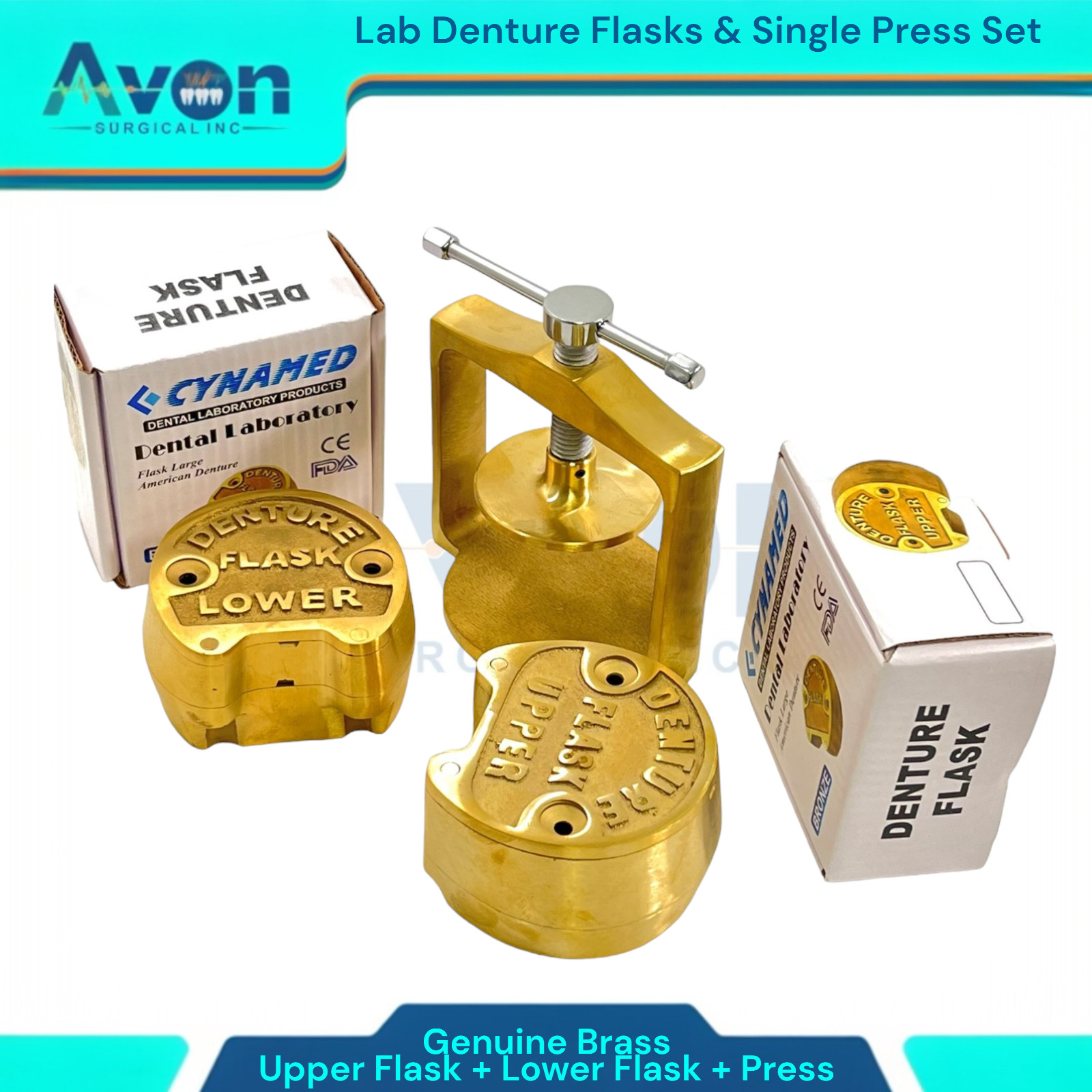 Set of 3 | Denture Compression Flask Press + Upper & Lower Flasks -Genuine Brass