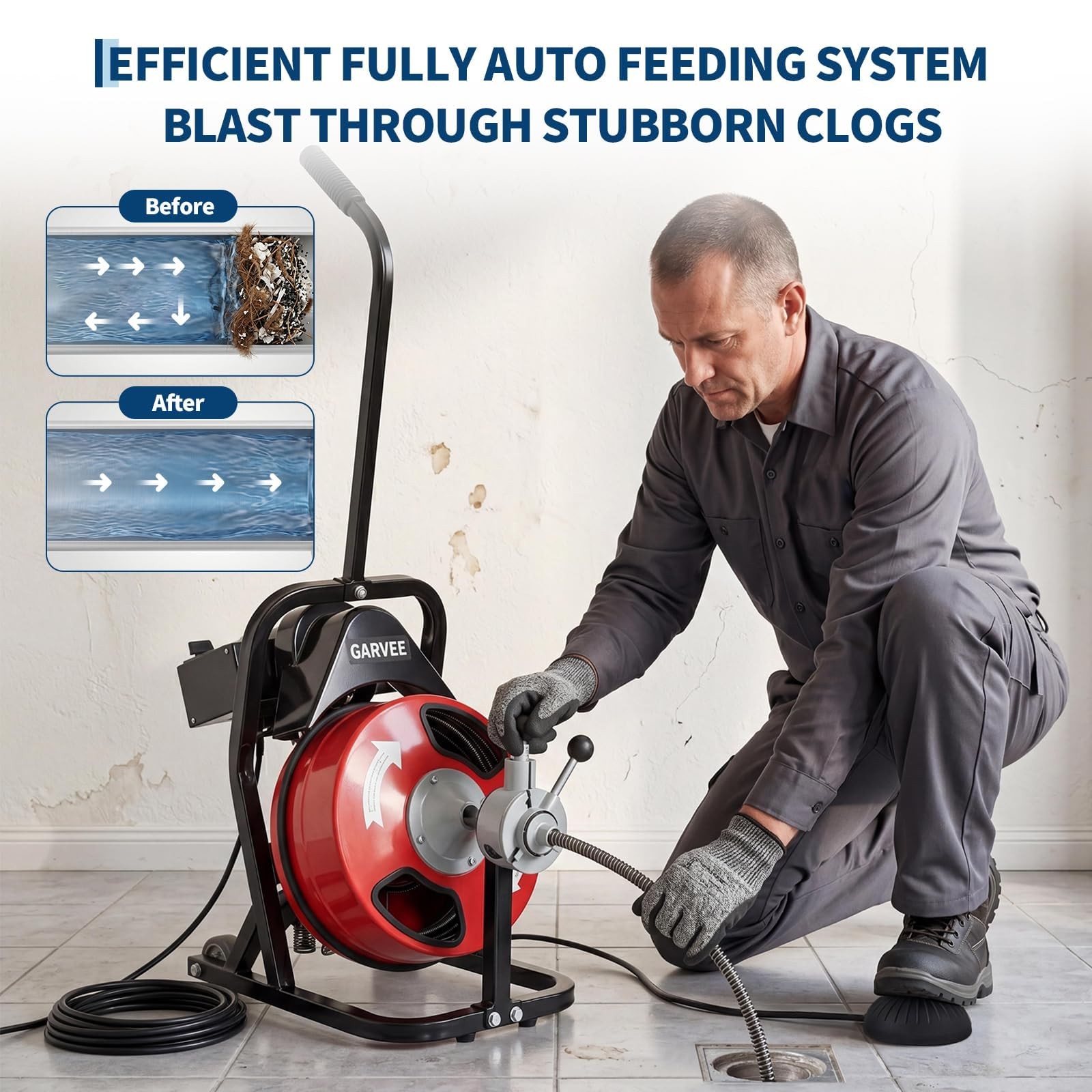 Drain Cleaner Machine ,75 FT x 1/2 In Portable Auto Feed Sewer Snake Drain Auger