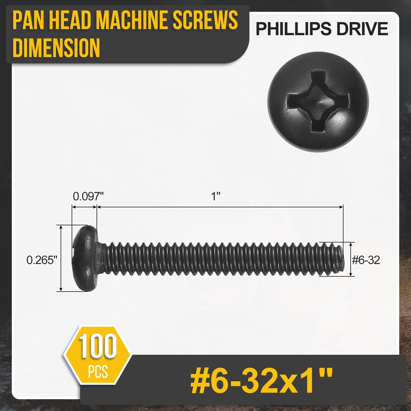 #6-32×1″ Pan Head Machine Screws – 100pcs – 304 Stainless Steel -Black
