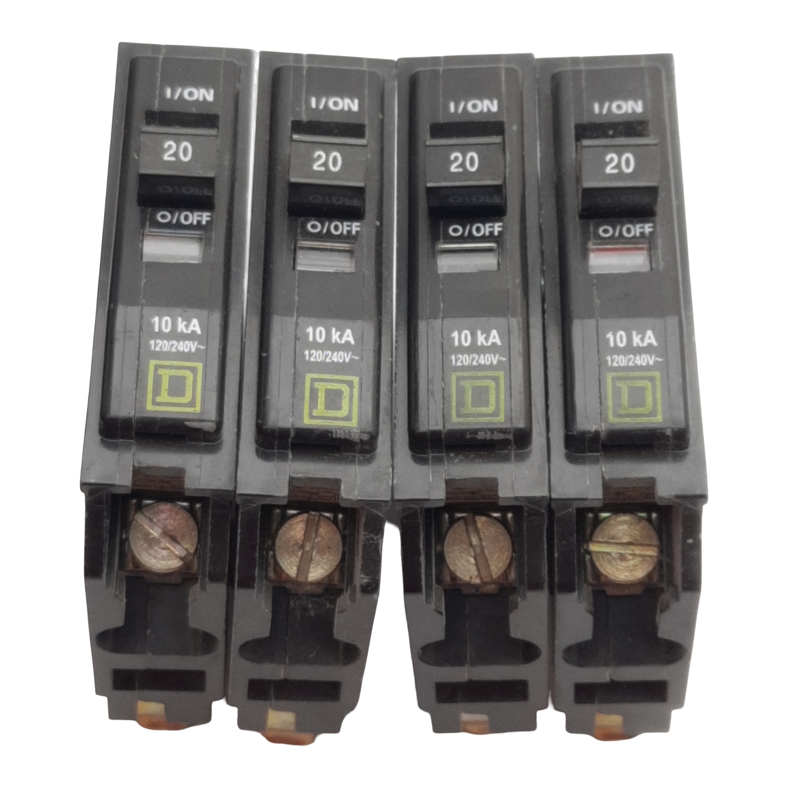Lot of 4 Square-D QOB120 Circuit Breaker, 1-Pole, 20A 120/240VAC 48VDC, Bolt-On