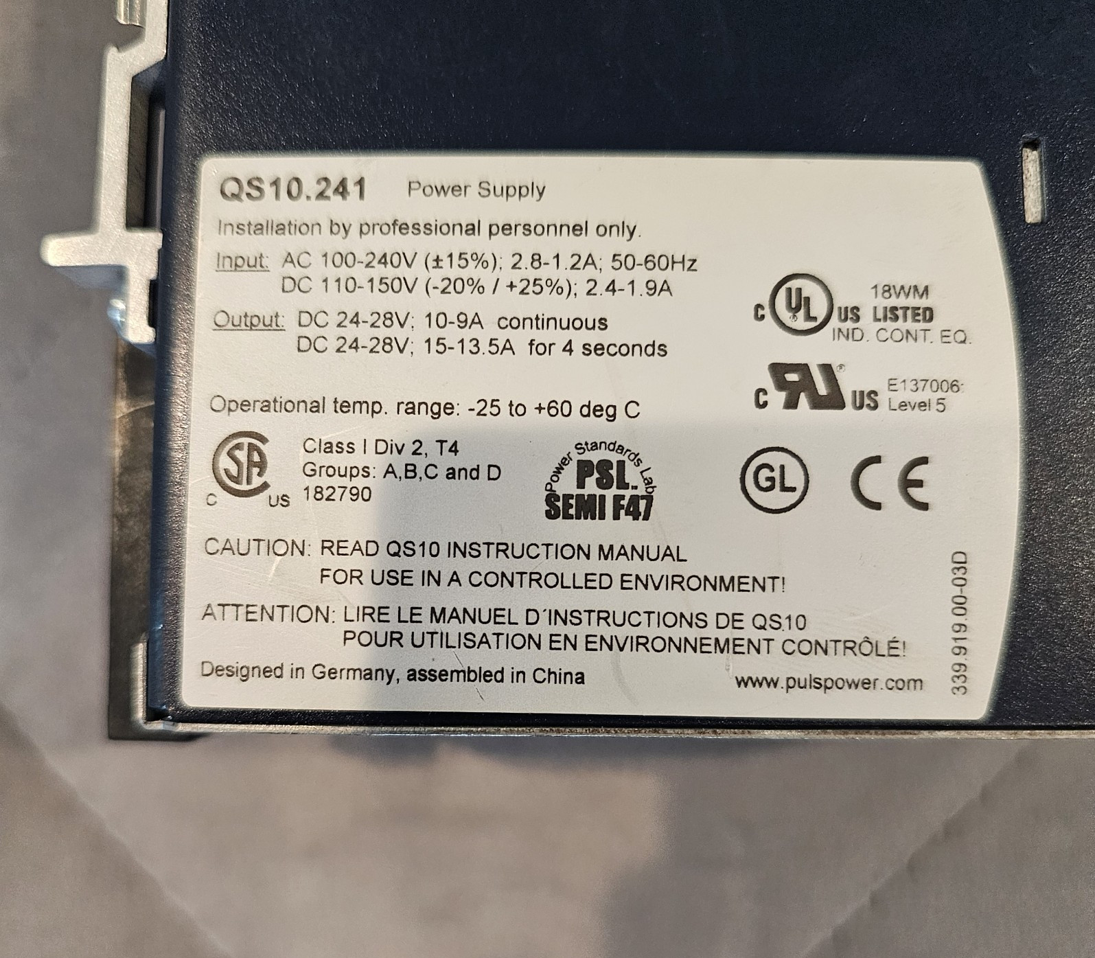 Used – Tested OK – PULS Dimension QS10.241 24V Power Supply
