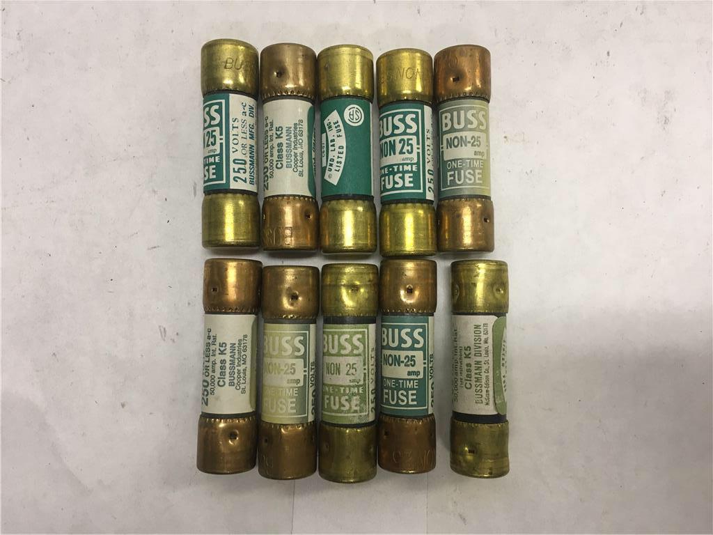 (Lot of 10) Buss NON25 One-Time Class K5 Fuse 250V or Less 25A NON-25