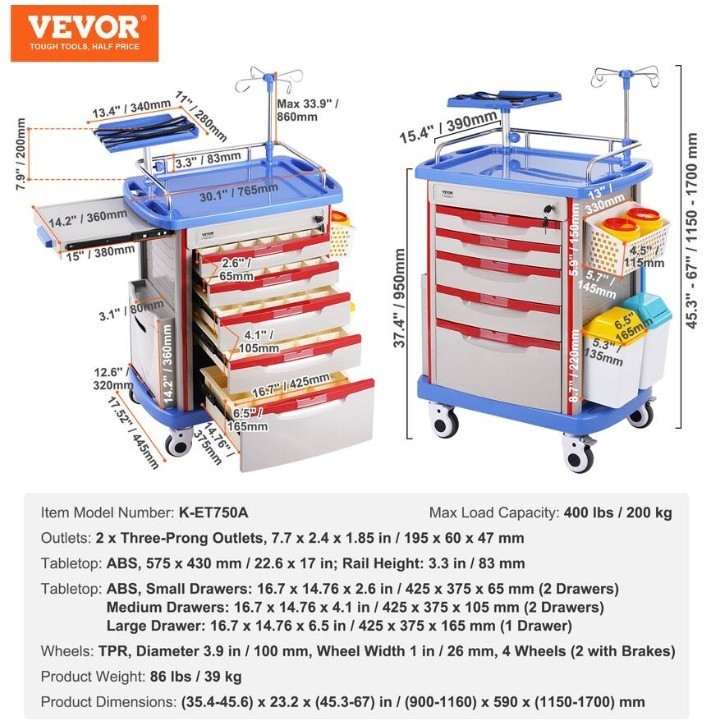 VEVOR 5 Tier Lab Cart – Mobile Medical Cart with 5 Drawers, IV Pole, Back Board