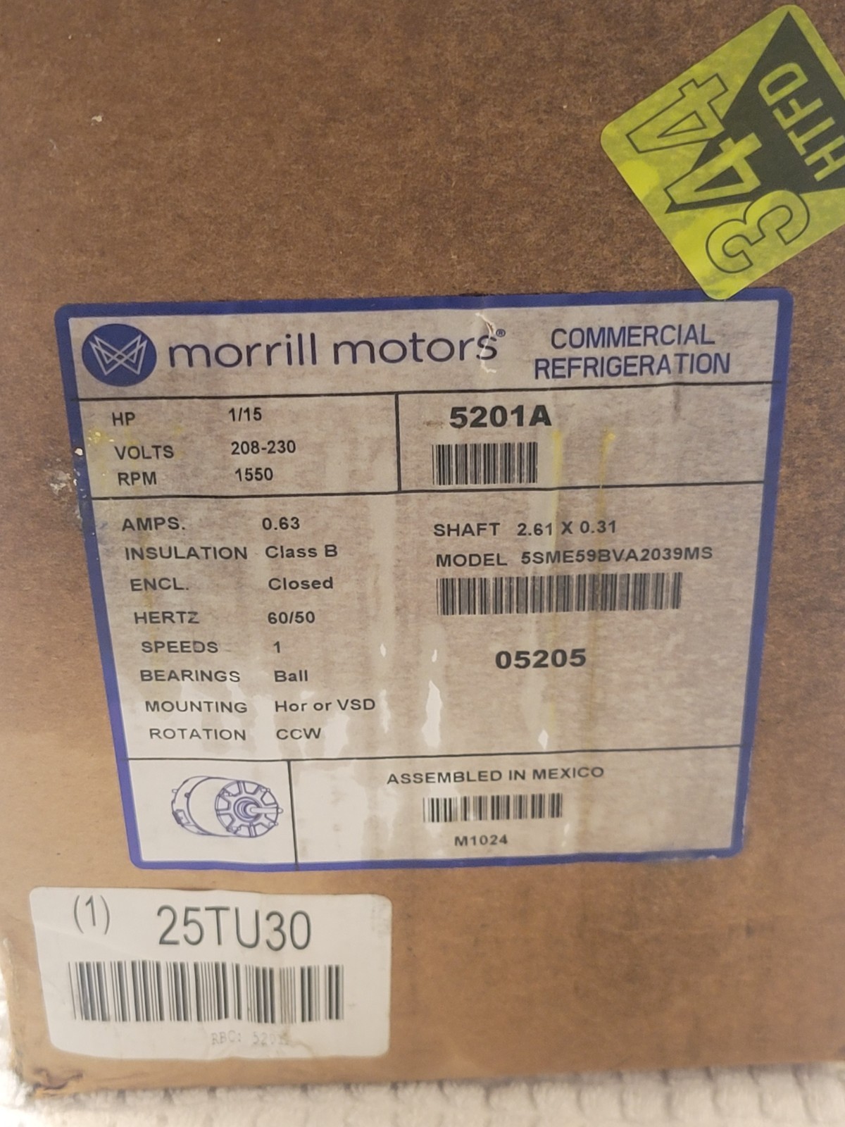 MORRILL MOTORS P/N 5201A 59 ECM REFRIGERATION MOTOR, 208-230V, 1/15HP, 1550RPM