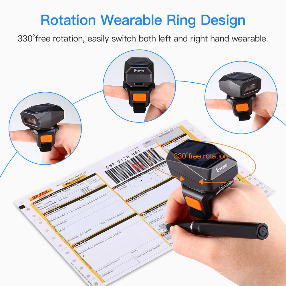 Eyoyo 2D QR Code Ring Barcode Scanner Wireless Reader for POS PC Mac OS Used