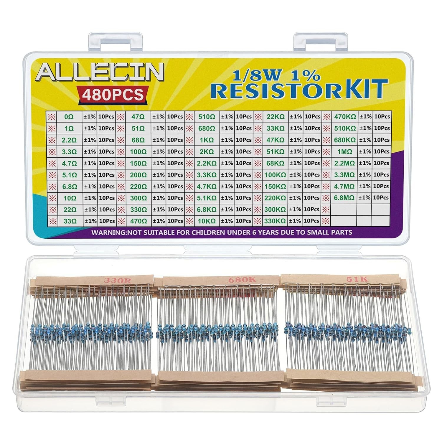 1/8 Watt Resistor Assortment Kit – 48 Values from 1 Ohm to 6.8M Ohm for Projects