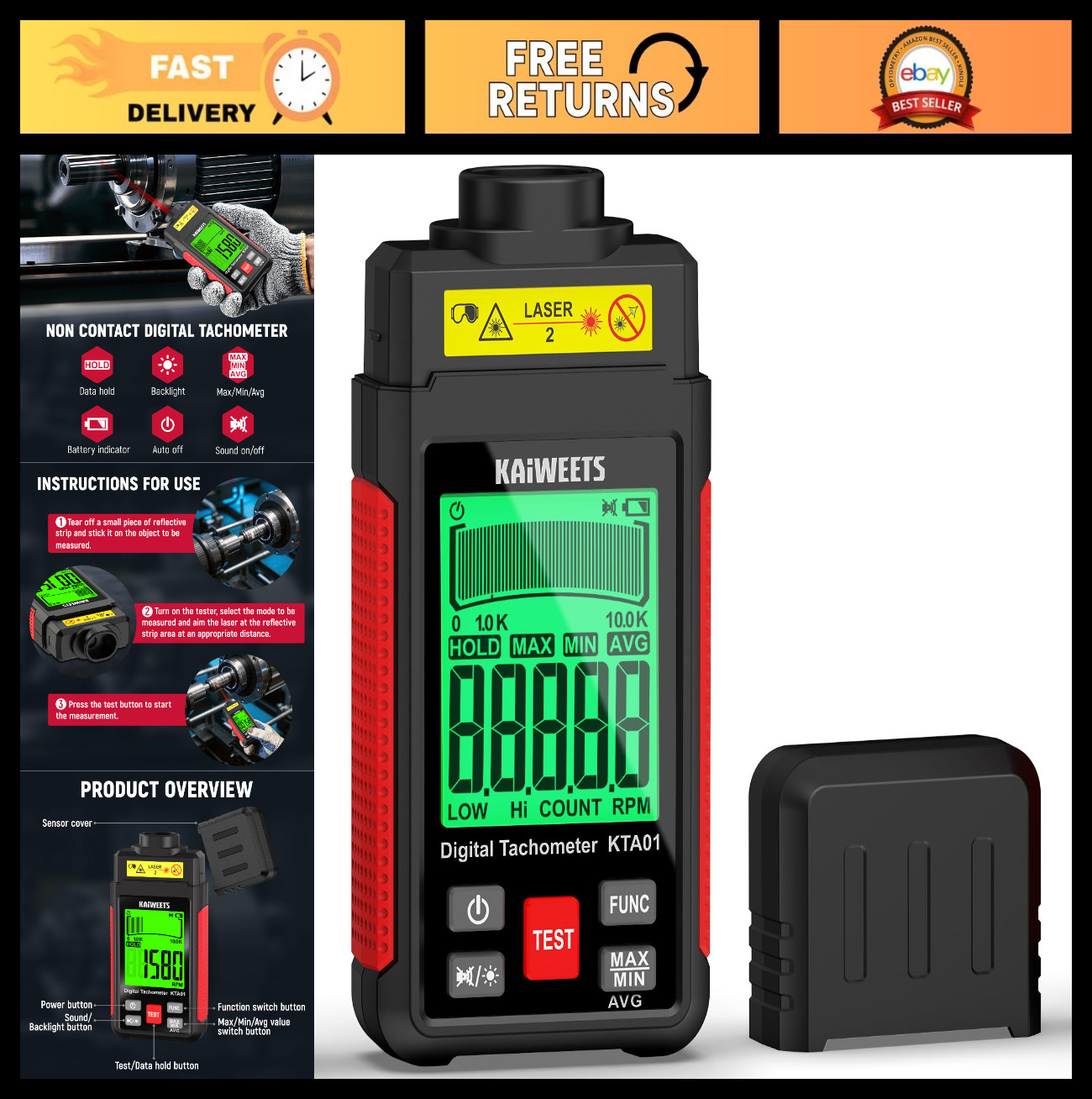 High Accuracy Non-Contact Laser RPM Tachometer, LCD Backlight, Data Hold, 10-999