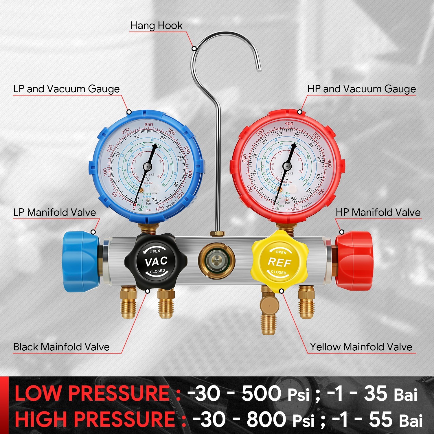 R134A R-22 R410A R404A Charging 4 Way 4 valves AC Manifold Gauge & 5FT Hose