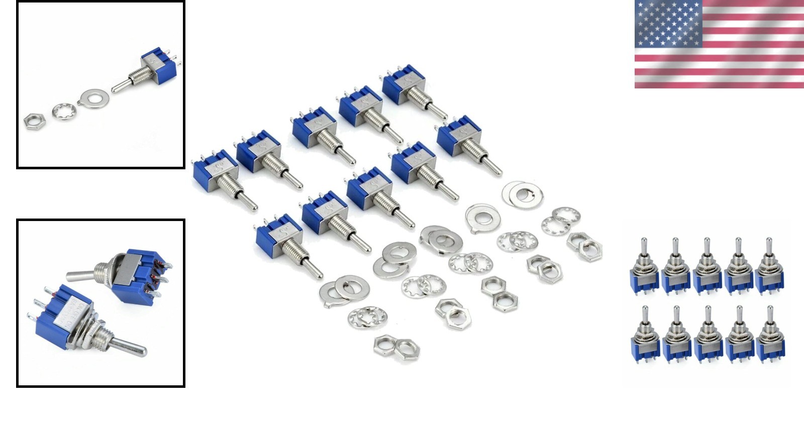 10pcs Blue Silver Toggle Switch 3-Terminal ON/OFF/ON
