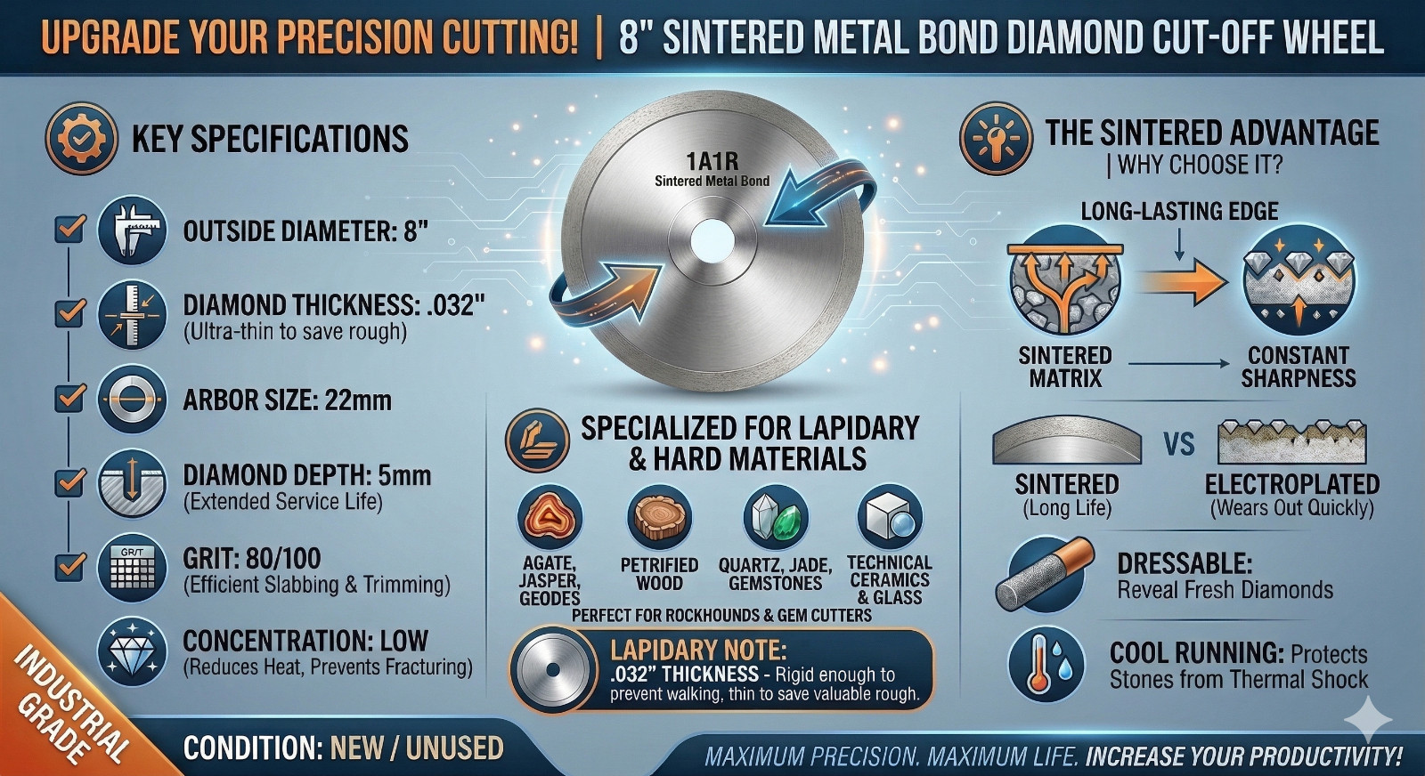 8″ 1A1R Diamond Metal Bond Cut Off Wheel 8″ x .032″ x 22mm. 80/100 Grit, Low Con