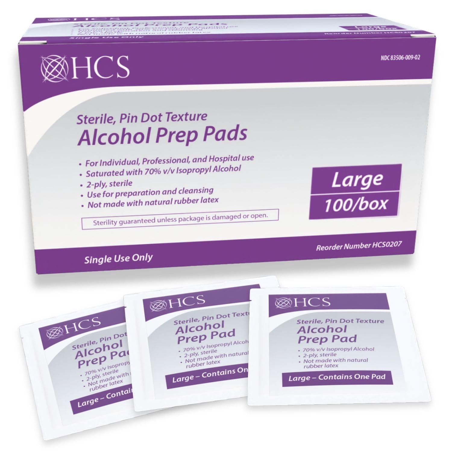 HCS Large Alcohol Prep Pads – Textured, 70% Isopropyl 1 Count (Pack of 100)