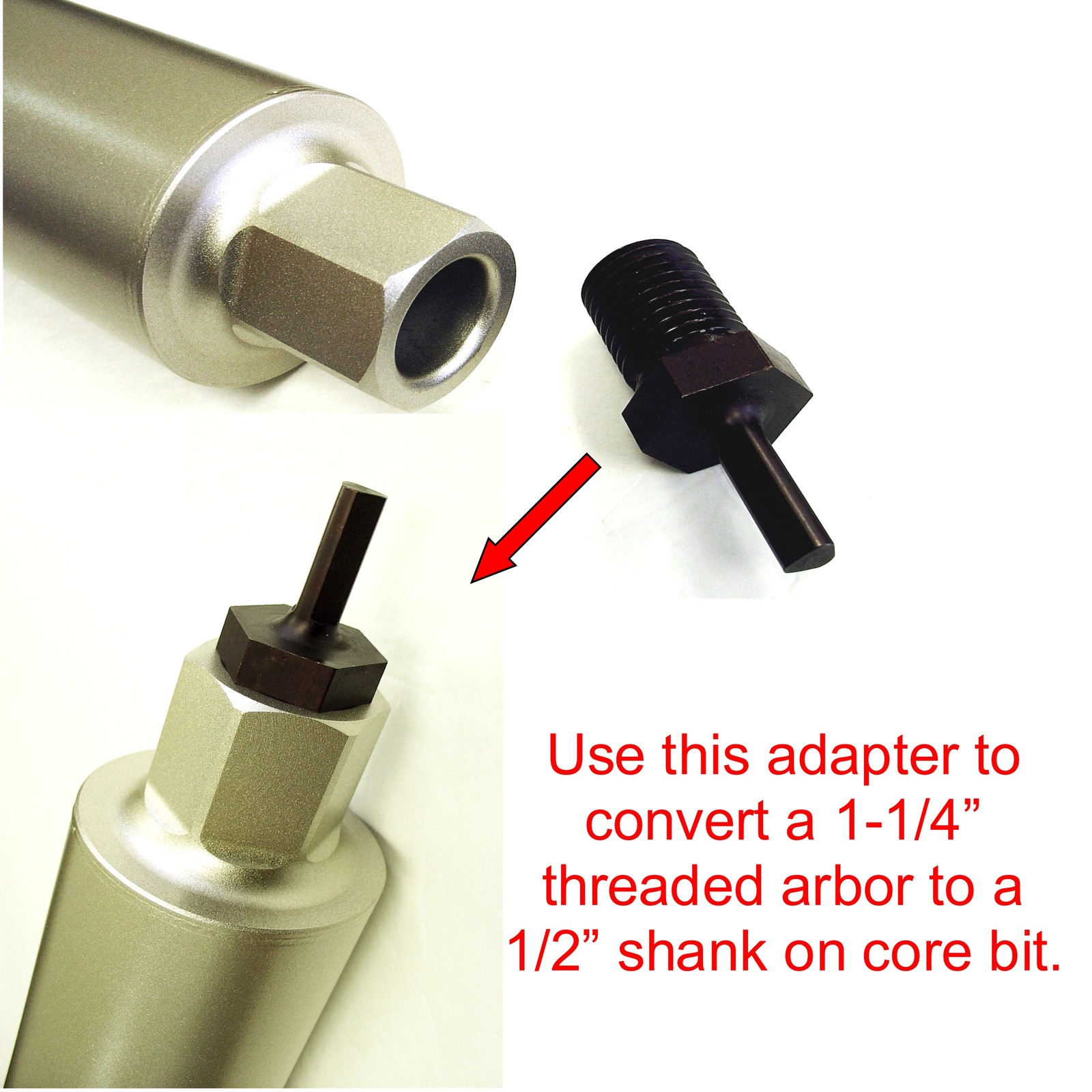Core Drill Bit Adapter: 1-1/4” – 7 Threaded Male to 1/2” Shank