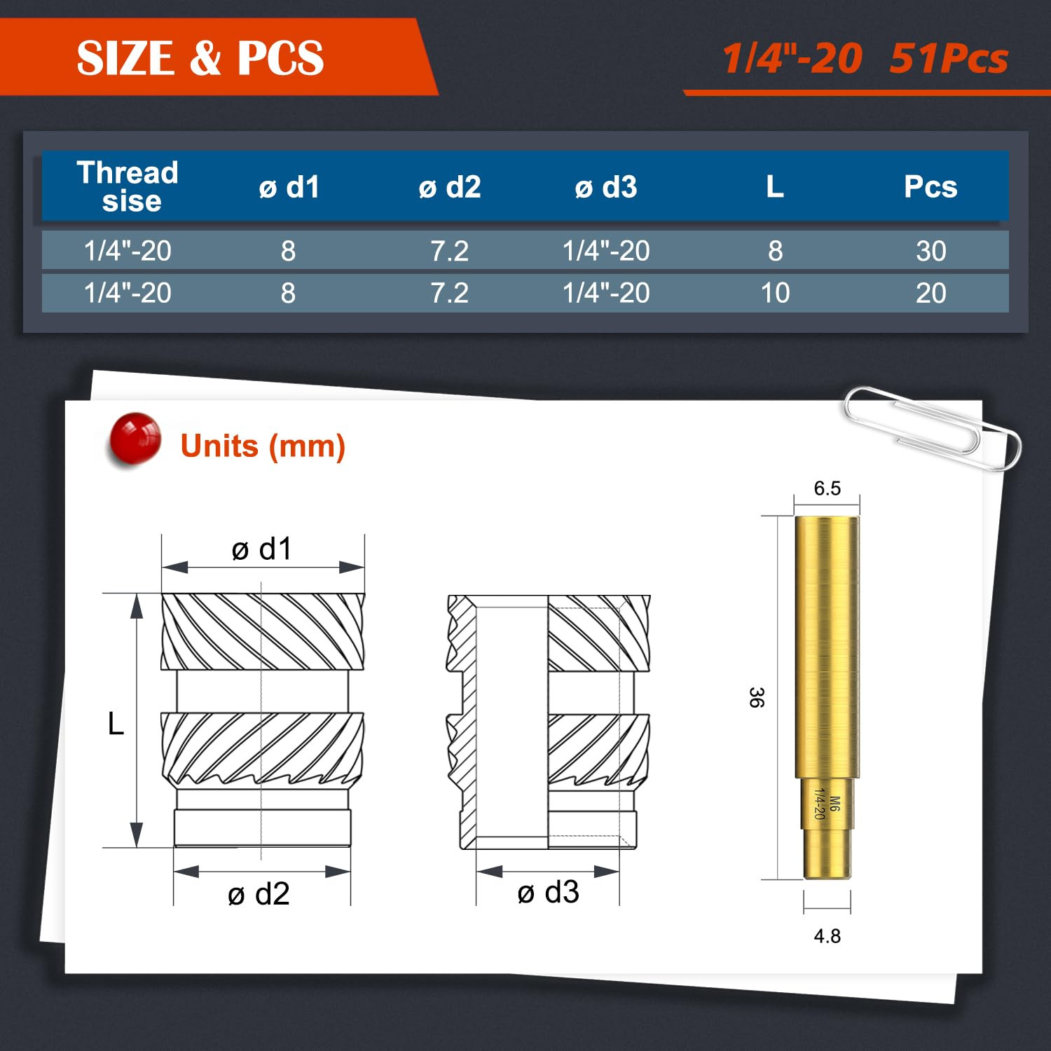 51Pcs 1/4-20 Brass Threaded Inserts Kit Heat Set for Plastic 3D Print
