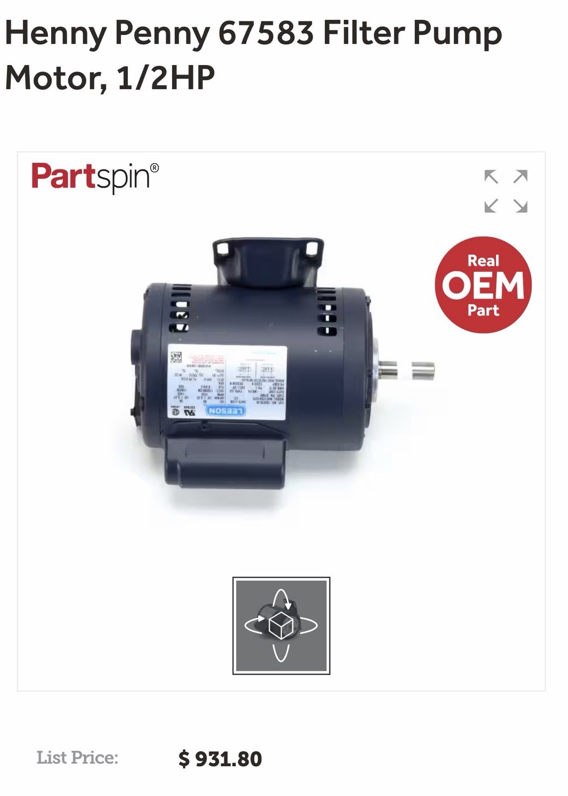 Henny Penny 67583 Filter Pump Motor Replacement, 1/2HP. New