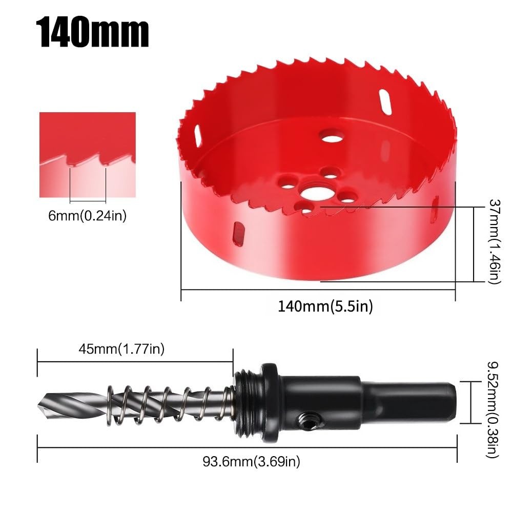 5.5 Inch Hole Saw, 5 1/2 M42 HSS Bi-Metal Cutter, 140, Red
