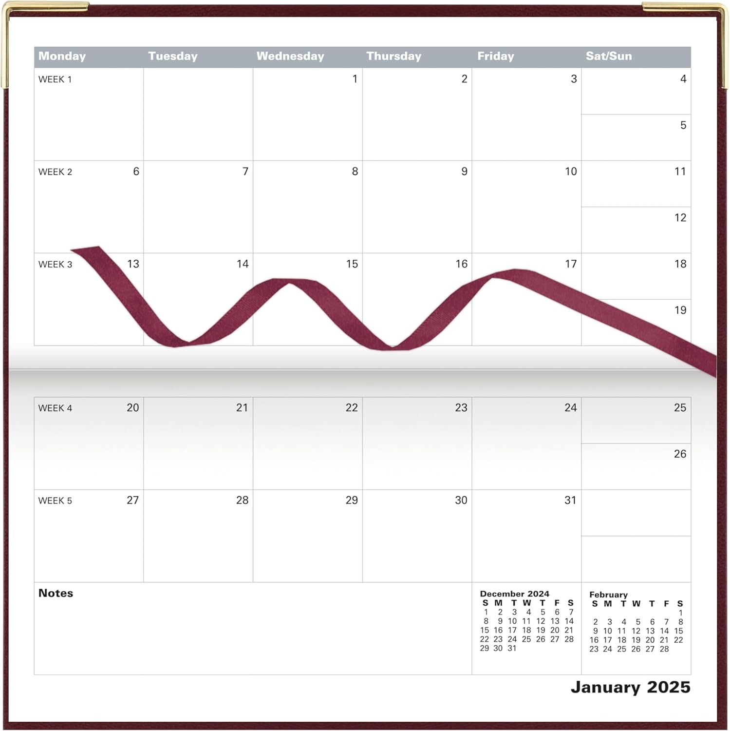 Letts of London Classic 2025 Monthly Planner, 13 Months, January Burgundy