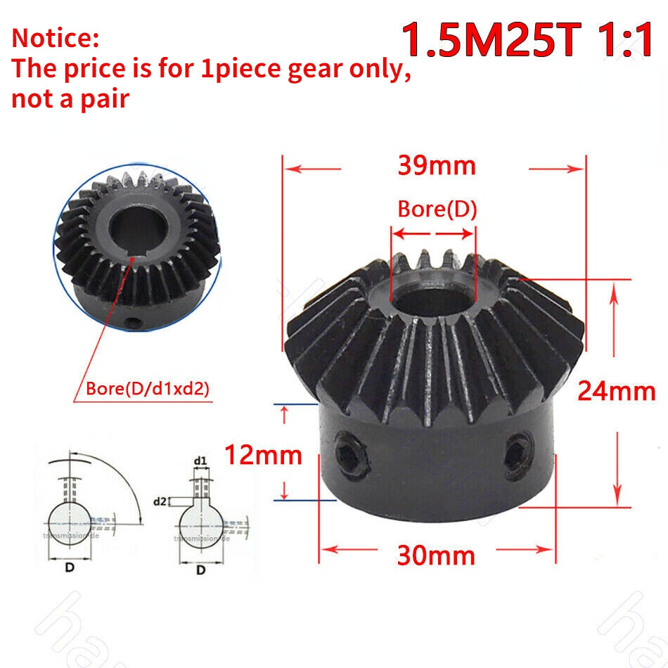 Mod 1/1.5/2 90° Pairing Bevel Gear 1:1/1:2 15T-30T Bore 5/6/6.35/8/10/12/14-25mm