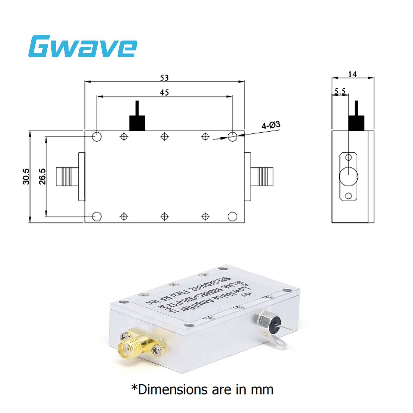 SMA Female Low Noise Amplifier (LNA), 30dB Gain, 1.5dB Noise Figure, 0.5 – 8GHz
