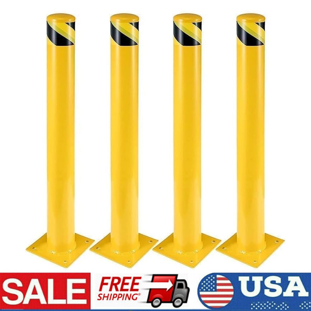 4PCS Safety Bollard 48″ H 4.5″D Q235 Steel Post Yellow Pipe Barrier Protection