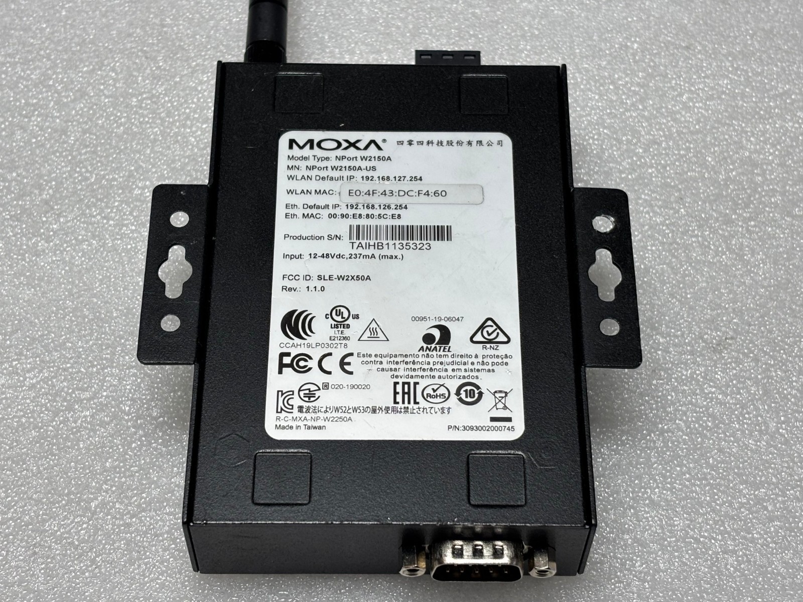 MOXA NPort W2150A US Wireless Serial Device Server No Power Cord