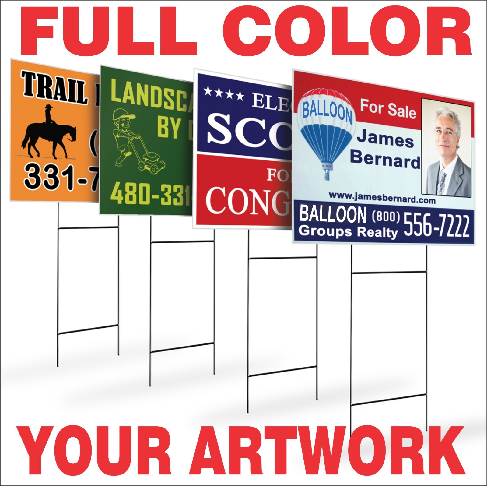 36 x 24 Yard Signs – Custom Corrugated – Full Color – 2 Sided – Stakes Optional