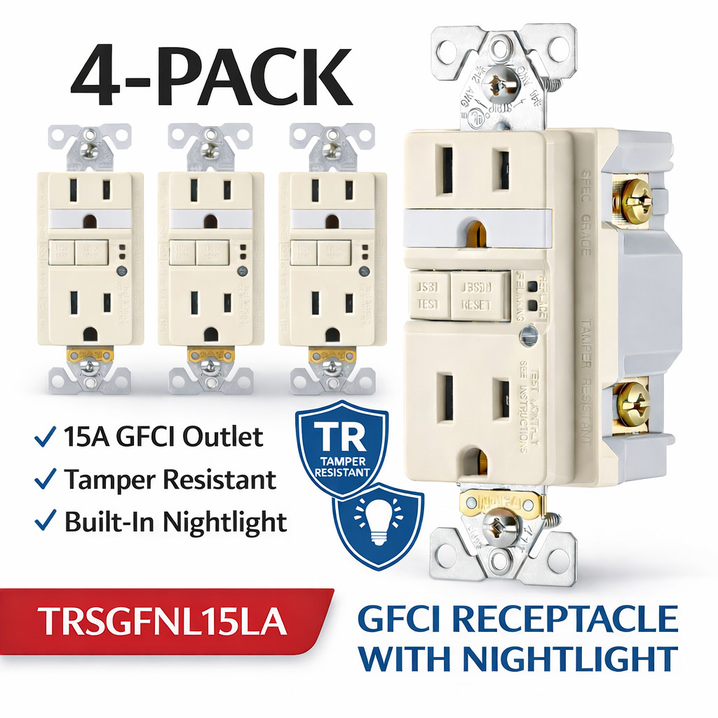 4 x Eaton 15A GFCI Receptacle with Nightlight TRSGFNL15, Light Almond 5-15R LA