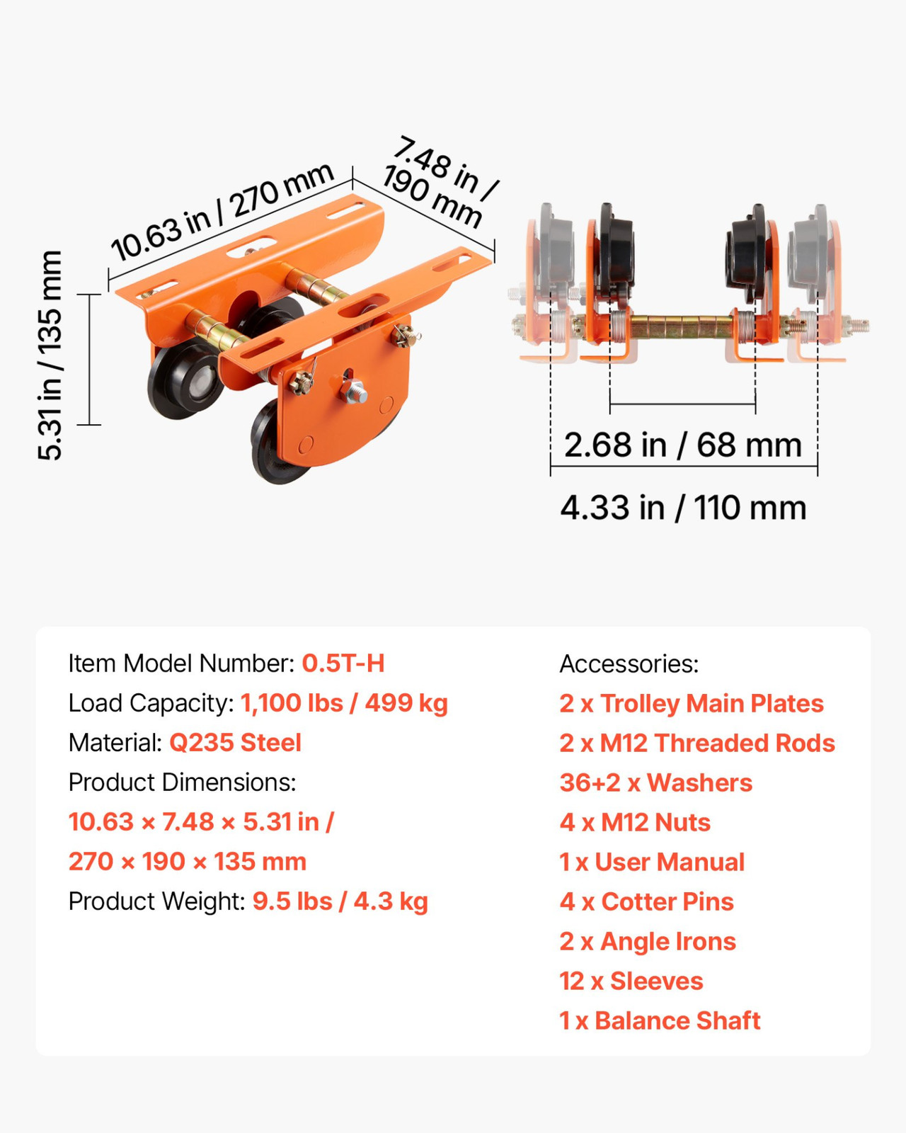 0.5 Ton Manual Trolley 1100LB Push Beam Trolley for Electric Hoists