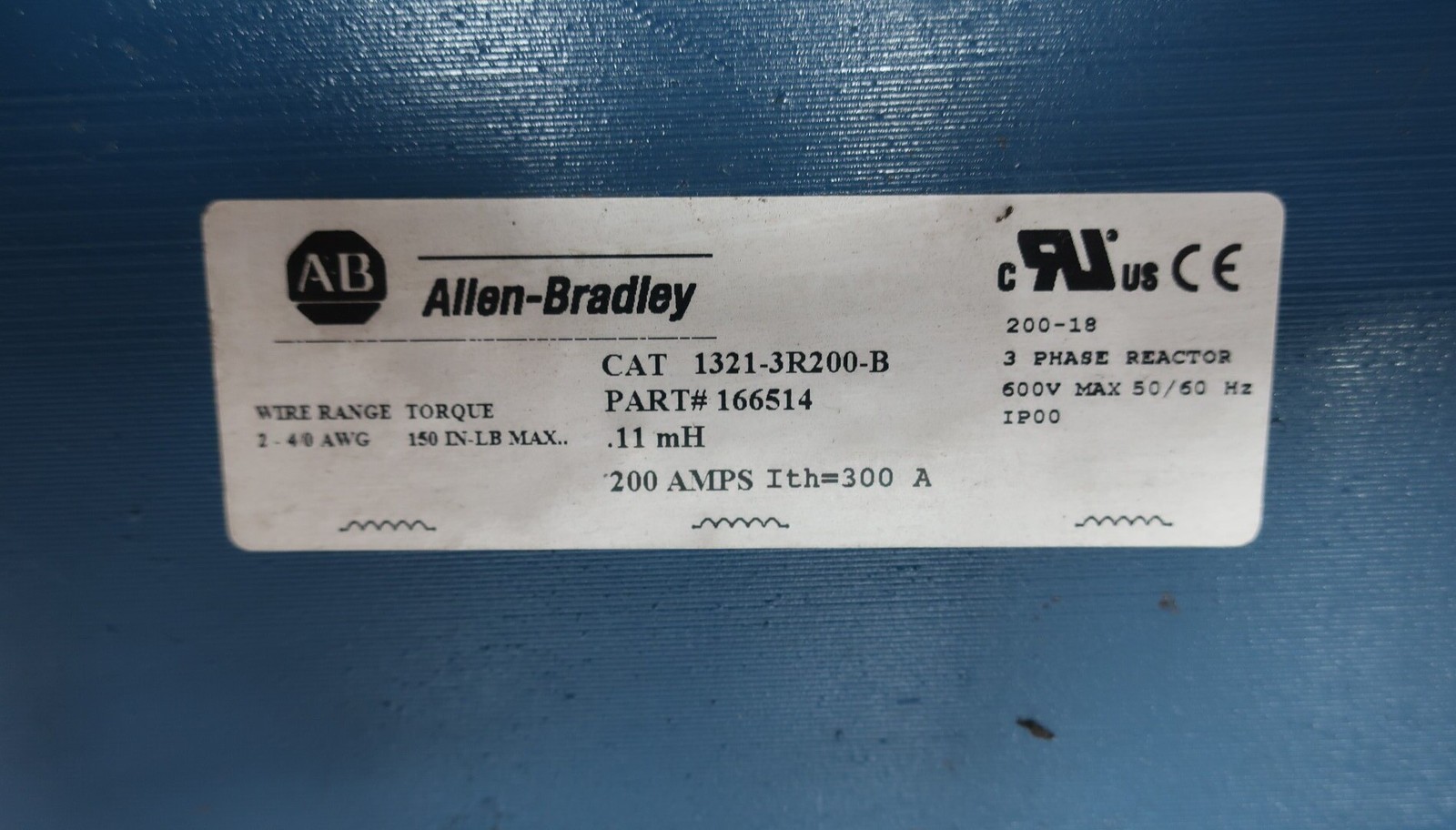Allen Bradley 1321-3R200-B Line Reactor 0.11mh 600v-ac 3ph