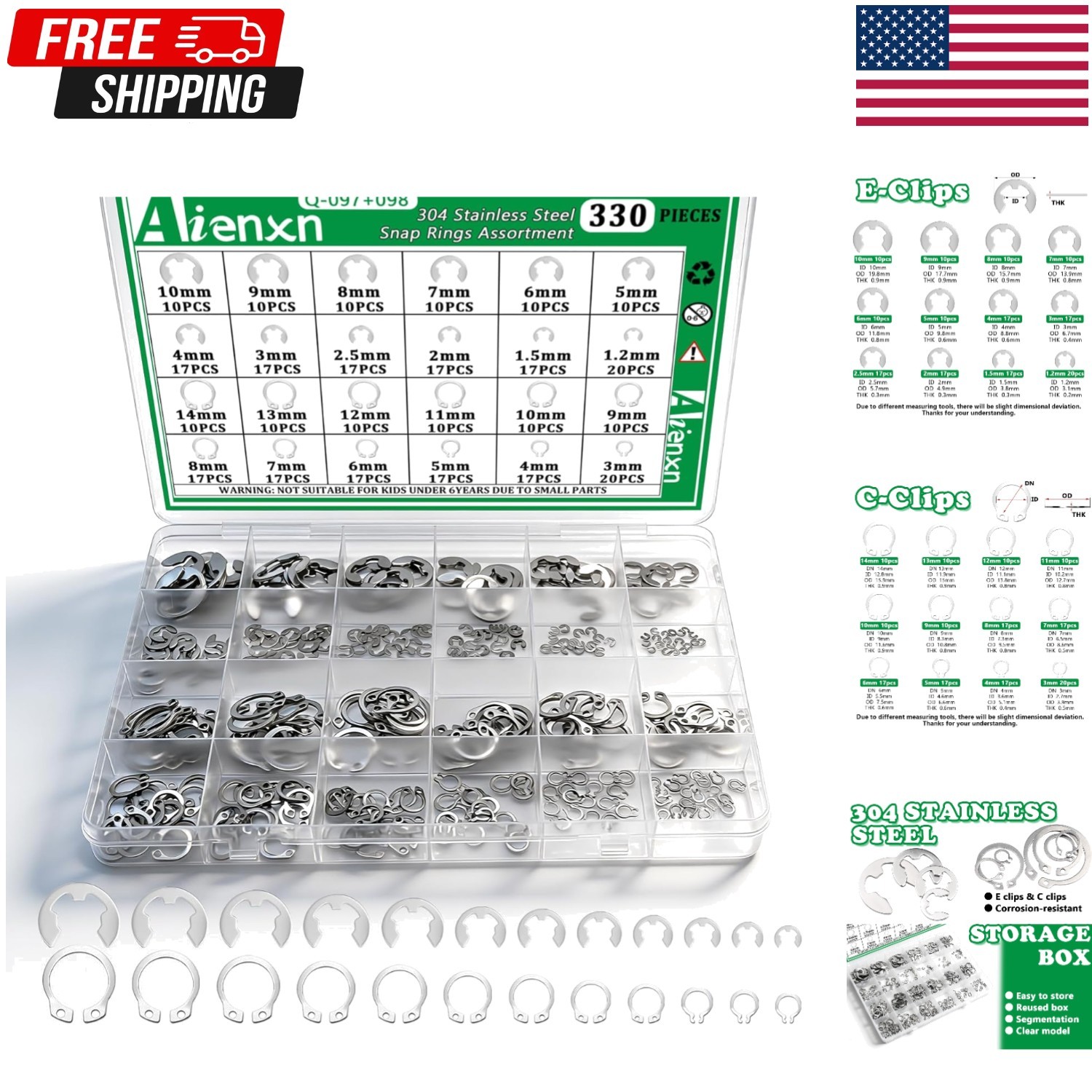 330PCS 24-Sizes Round Wire E-Clips & C-Clips Internal Snap Rings Assortment K…